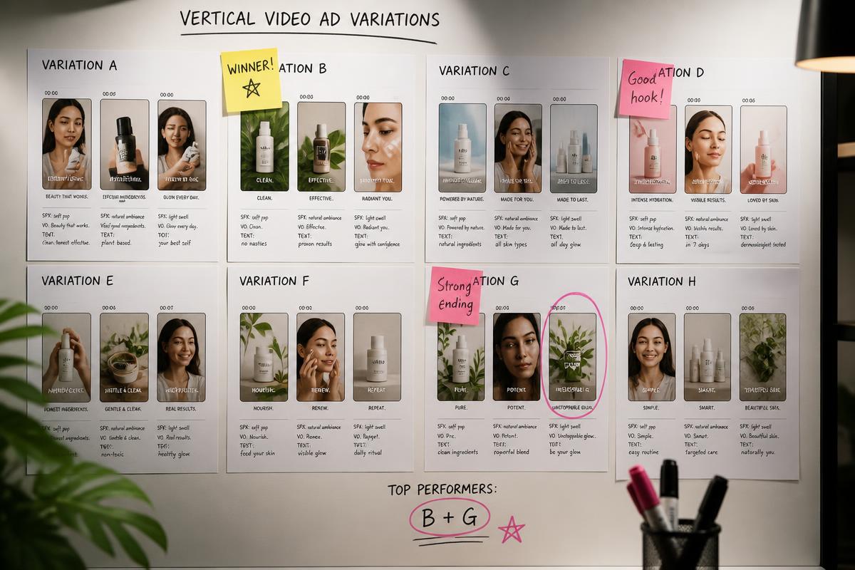 A wall of printed storyboard frames for vertical video ad variations with winners marked