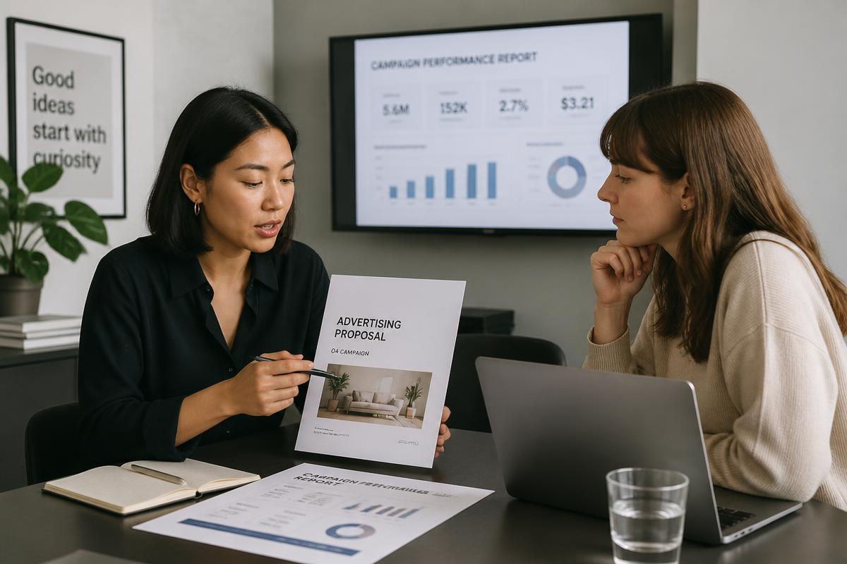 Two marketers reviewing an advertising proposal and performance report in a meeting