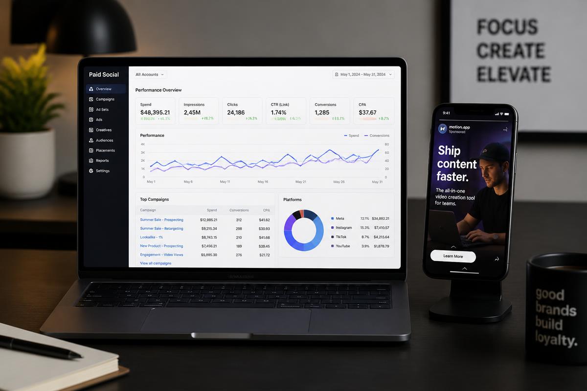 A paid social dashboard on a laptop next to a phone showing a vertical video ad